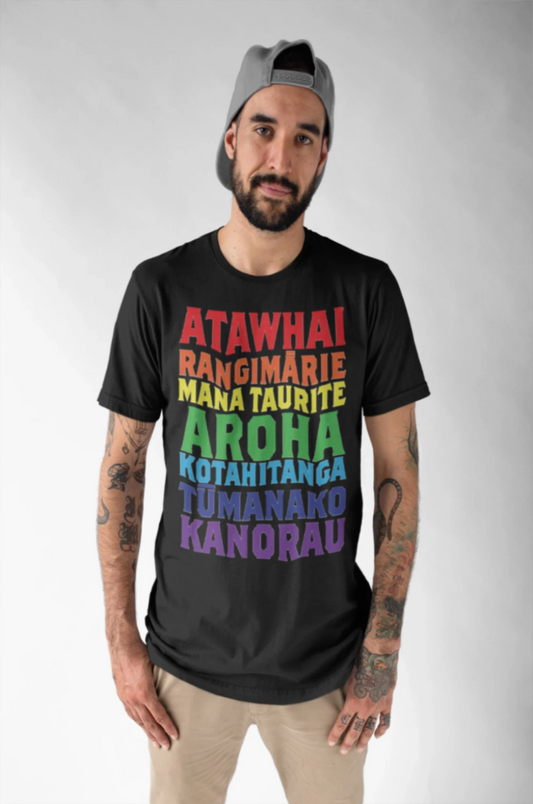 Te Reo Kindness & Peace Rainbow Adult Tee