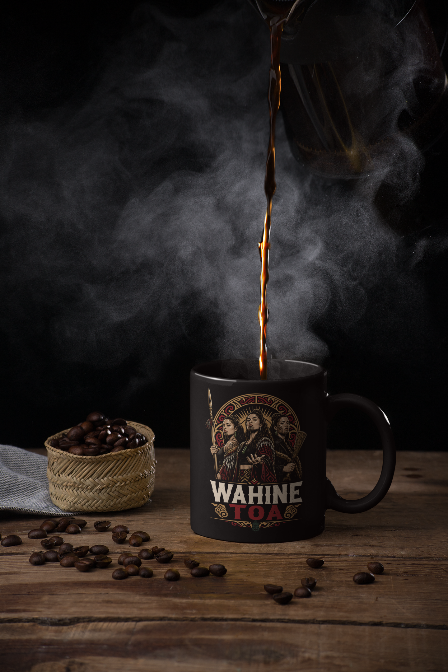 WAHINE TOA -  BLACK COFFEE MUG - SET OF 4